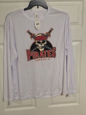 Pirates Tampa Bay Skull Graphic Long Sleeve Tee - White with Red & Black Logo
